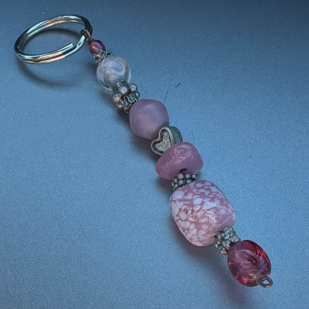 Pink‎ Beaded Keychain with Heart Charm and Silver Tone Accents Boho Style